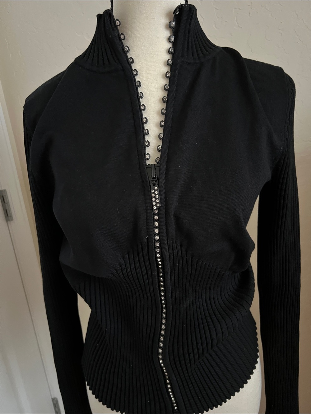 Belldini Black Ribbed Zip Cardigan with Rhinestone Trim